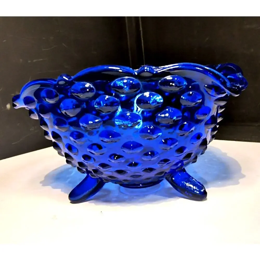 1855.  Fenton  Colonial Blue Ruffled Hobnail Dish with Three Legs